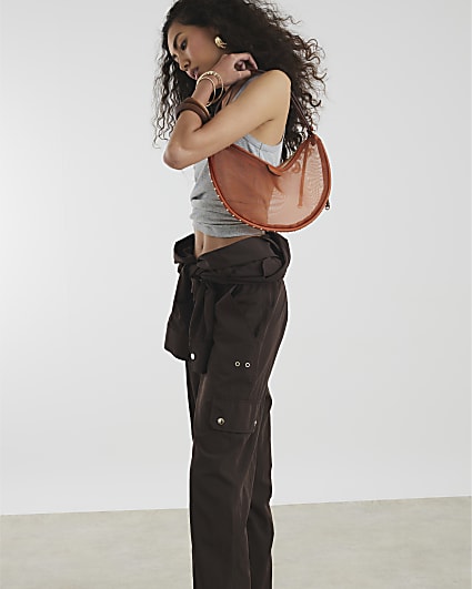 Orange Studded Mesh Scoop Shoulder Bag