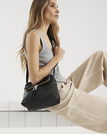 Black Leather Zip Messenger Bag