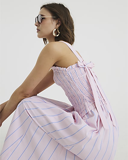 Pink Stripe Shirred Midi Dress