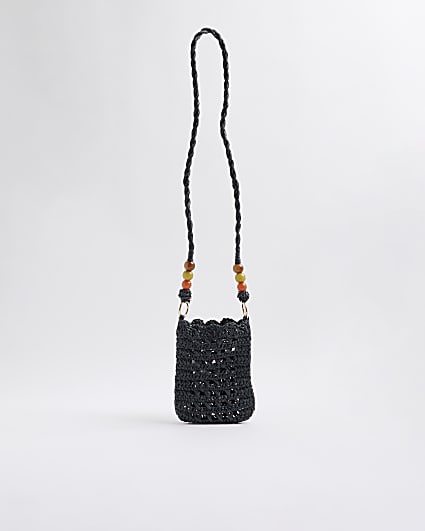 Black Raffia Beaded Cross Body Phone Pouch