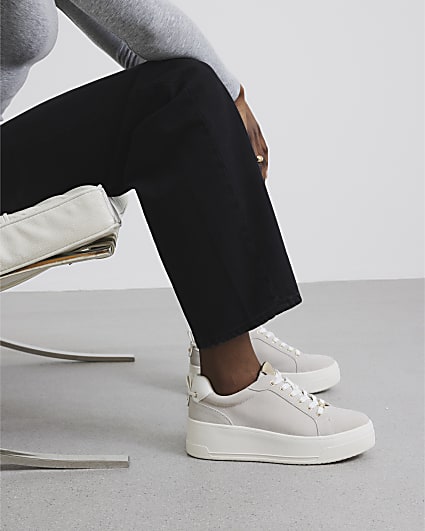 Grey Lace Up Platform Suede Trainers