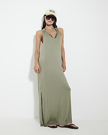 Khaki Twist Back Jersey Maxi Beach Dress