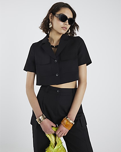 Black Linen Blend Cropped Pocket Jacket