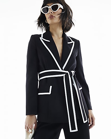 Black Contrast Tipping Belted Blazer