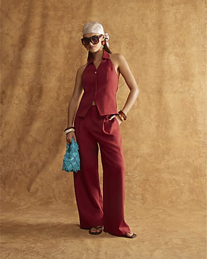 Red Linen Blend Halter Neck Top