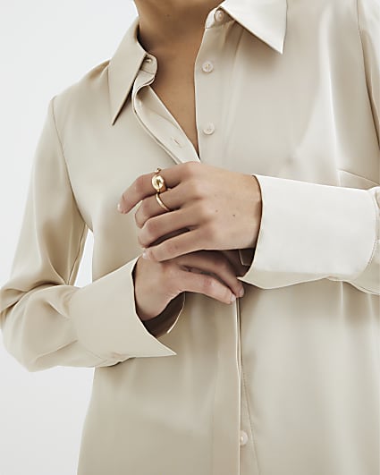 Beige Long Sleeve Satin Slimline Shirt