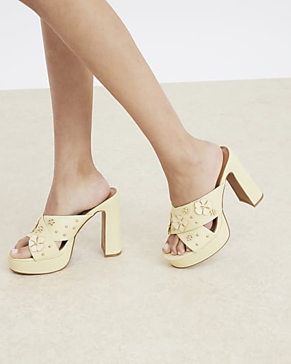 Yellow Flower Cross Strap Platform Mule Heels