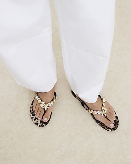 Brown Leopard Print Starfish Charm Flip Flops