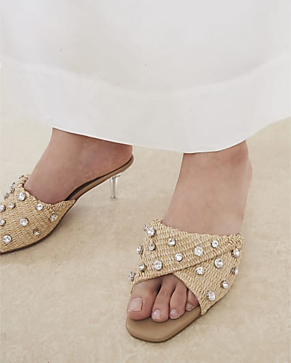 Beige Raffia Twist Heeled Mule Sandals