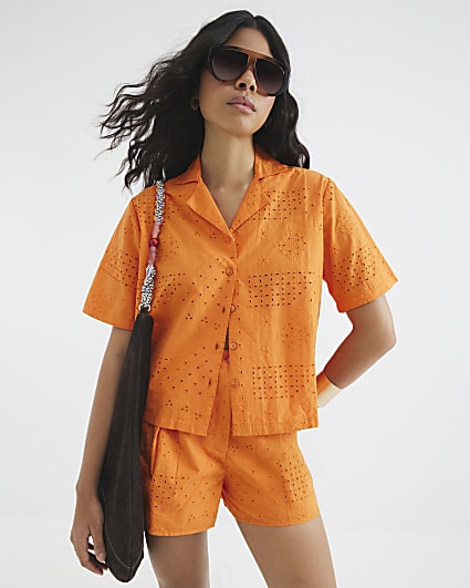 Orange Short Sleeve Broderie Shirt