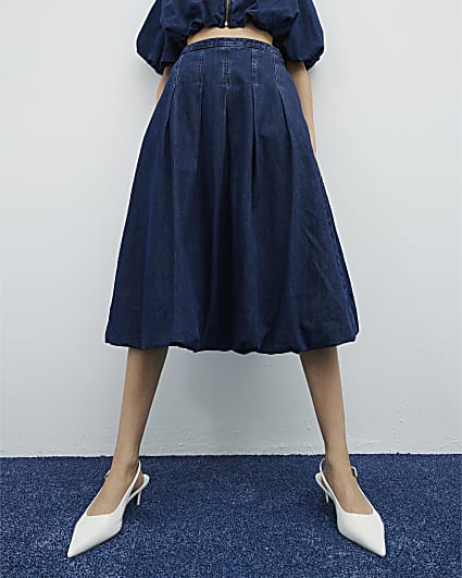 Blue Denim Bubble Hem Midi Skirt