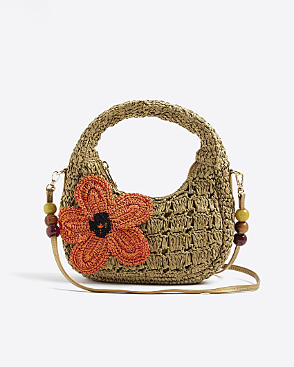 Beige Raffia Flower Shoulder Bag