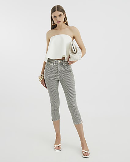 Black Denim Gingham Skinny Capri Trousers