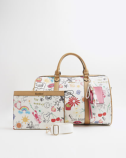 White Sketch Printed Bundle Bag