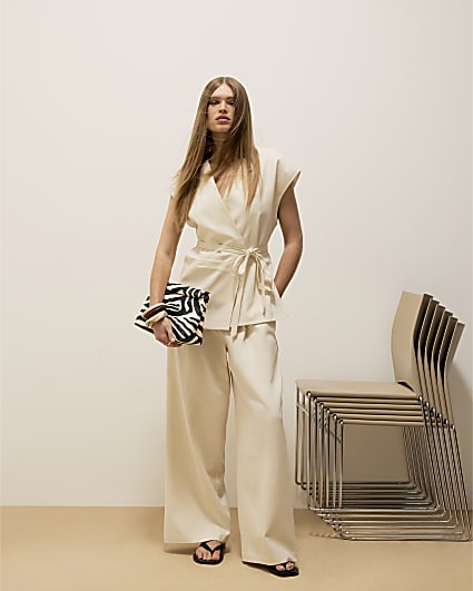 Beige Linen Blend Wide Leg Trousers