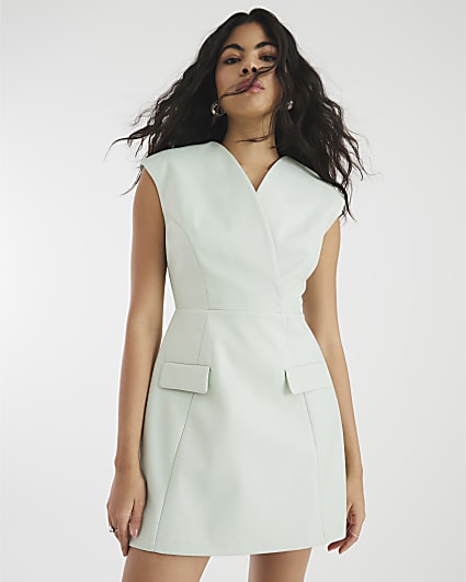 Green Structured V Neck Mini Dress