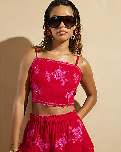 Red Del Maar Floral Embroidered Cami Top