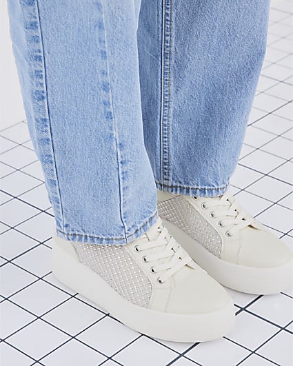 White Lace Up Diamante Platform Trainers