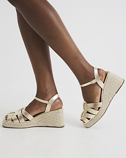 Gold Wide Fit Woven Wedge Sandals