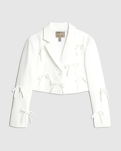 Petite White Bow Detail Cropped Blazer