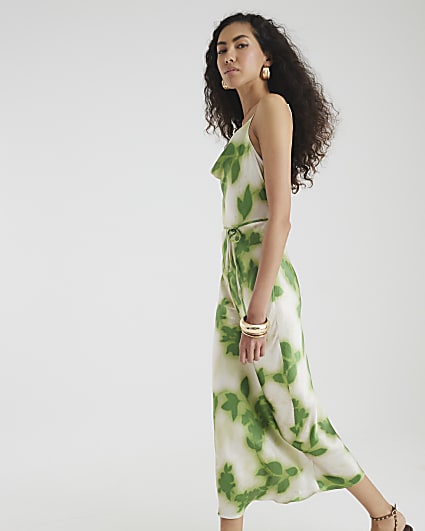 Green Floral Cowl Neck Midi Dress