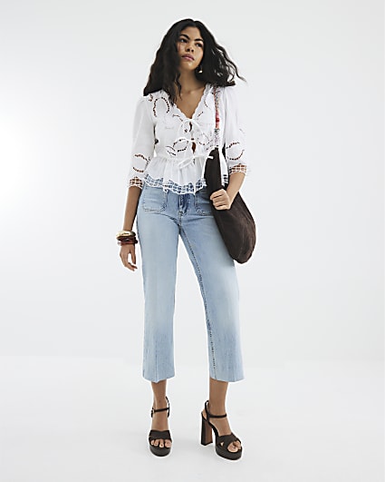 Blue Cropped Wide Leg Jeans