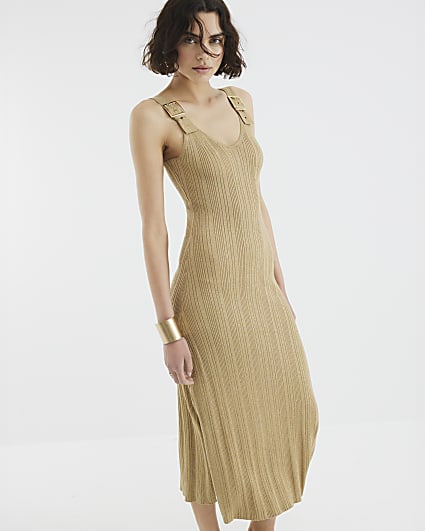 Gold Buckle Strap Knit Maxi Dress