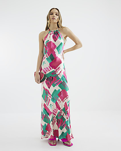 Pink Print Sleeveless Halter Neck Maxi dress