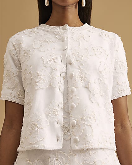 White Short Sleeve Floral Overlay Cardigan