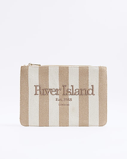 Beige Canvas Striped Beach Pouch