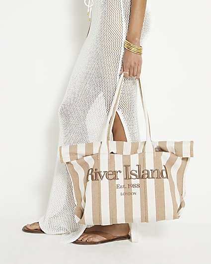 Beige Striped Beach Bag