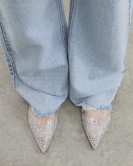 Beige Perspex Diamante Pointed Flat Shoes
