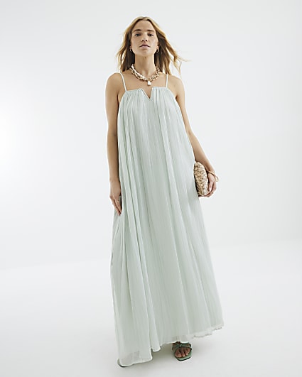 Blue Sleeveless V Trim Maxi Dress
