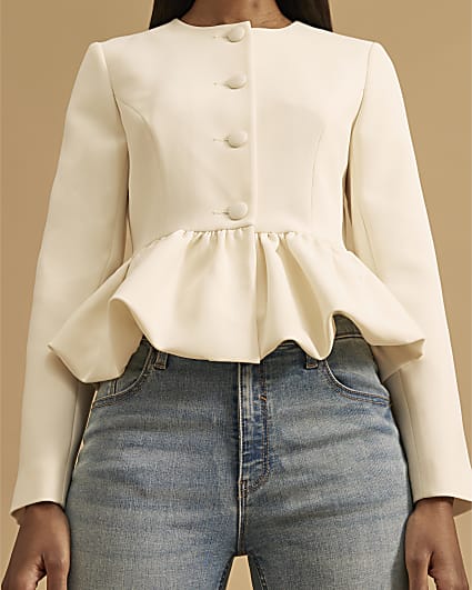 White Peplum Button Front Jacket