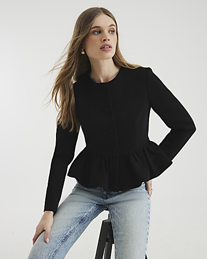 Black Peplum Button Front Jacket