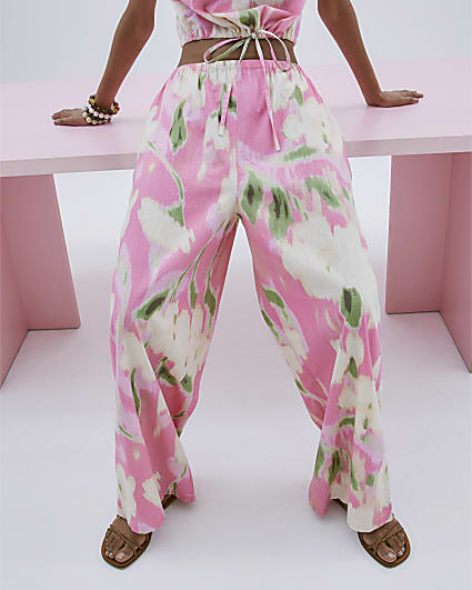 Pink Floral Linen Blend Wide Leg Trousers