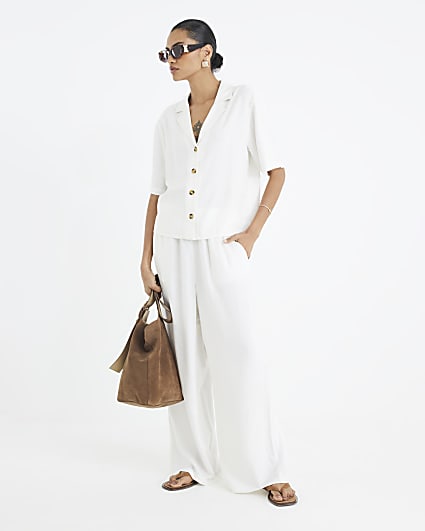 White Linen Blend Wide Leg Trousers