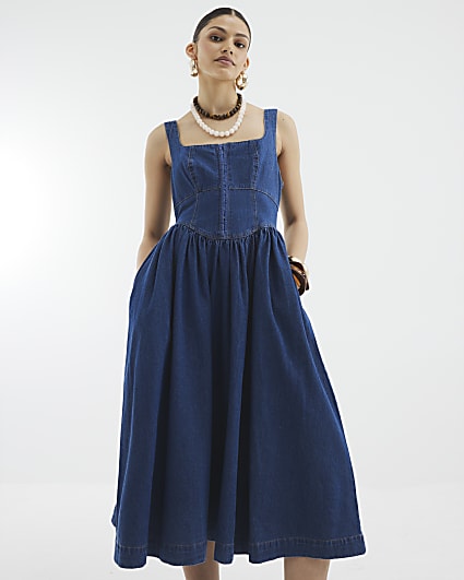 Blue Denim Corset Midi Dress