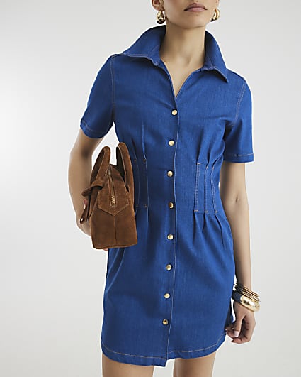 Blue Denim Seamed Shirt Dress
