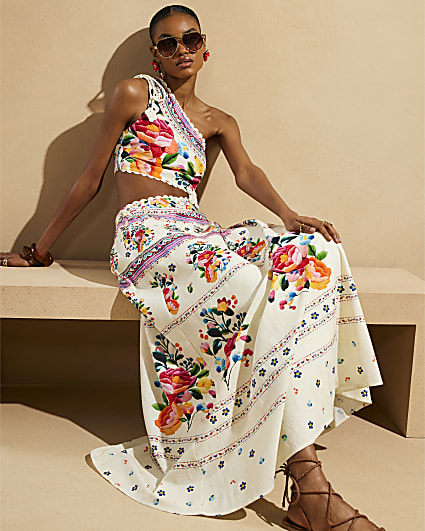 White Del Maar Floral One Shoulder Maxi Dress