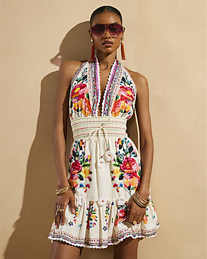 Cream Del Maar Floral Halter Neck Mini Dress