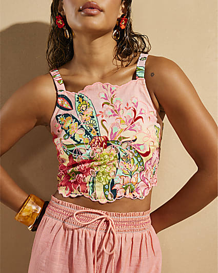 Pink Del Maar Cutwork Floral Halter Neck Top
