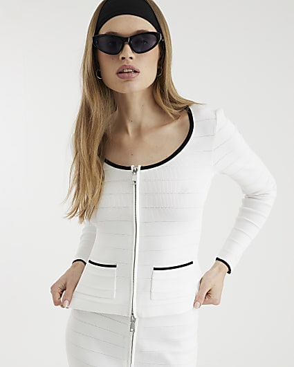 White Scoop Neck Zip Up Cardigan