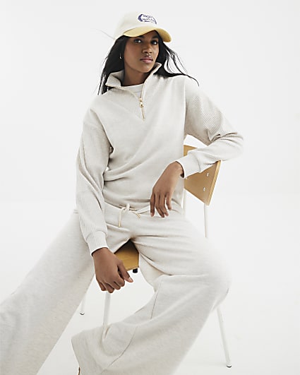Cream Ribbed Quarter Zip Jumper