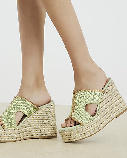 Green Stitch Detail Cut Out Wedge Sandals