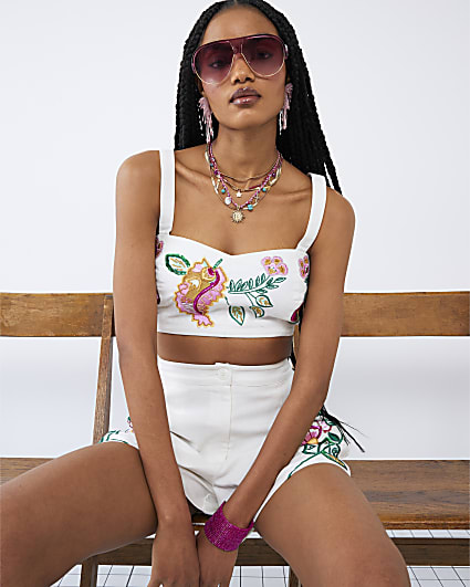 White Sleeveless Floral Embroidered Bralet