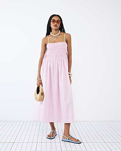 Pink Strappy Shirred Midi Dress