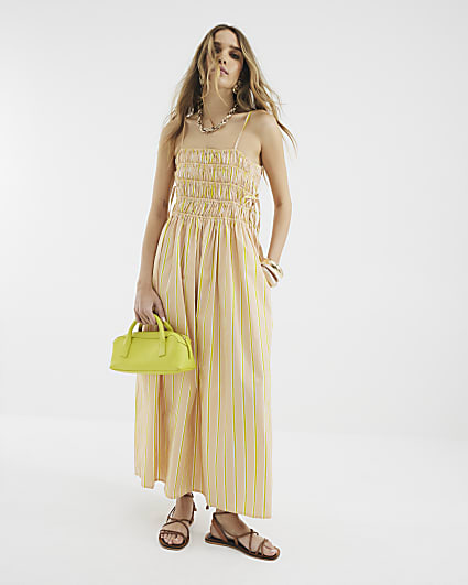 Beige Stripe Shirred Midi Dress