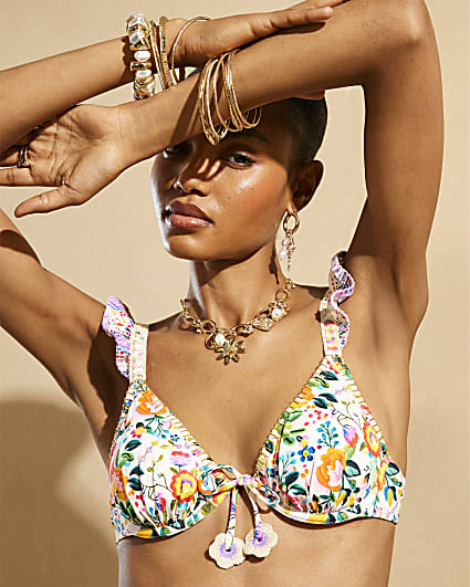 White Del Maar Floral Structured Bikini Top