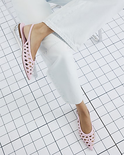 Pink Studded Laser Cut Pointed Flat Shoes